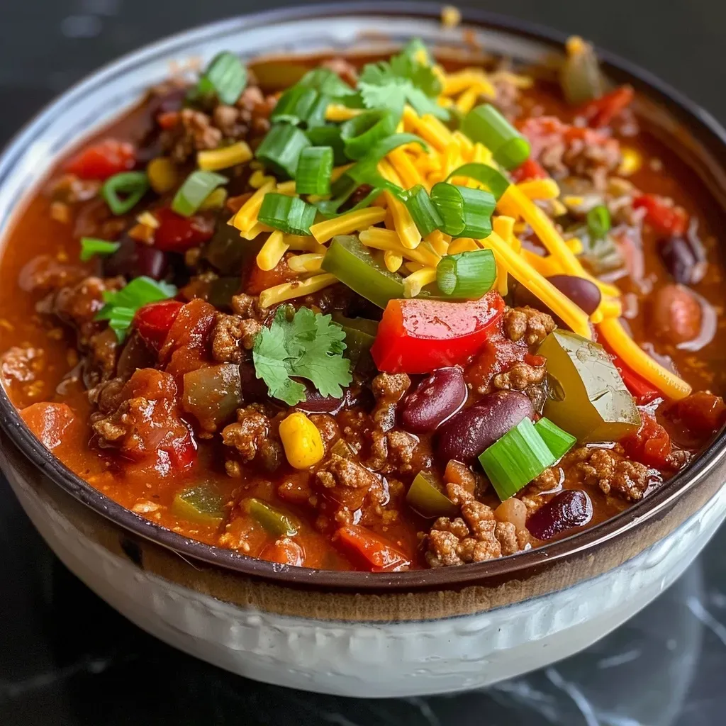 ['Close-up of a bowl filled with chunky, hearty beef chili featuring beans and colorful peppers.', 'Side view of a steaming bowl of ground beef chili, showcasing ingredients like beans, tomatoes, and spices.', 'Juicy beef chili with various beans and peppers, presented in a rustic bowl on a wooden surface.', 'Delicious high-protein chili garnished with cheese and green onions, highlighting its vibrant appearance.']