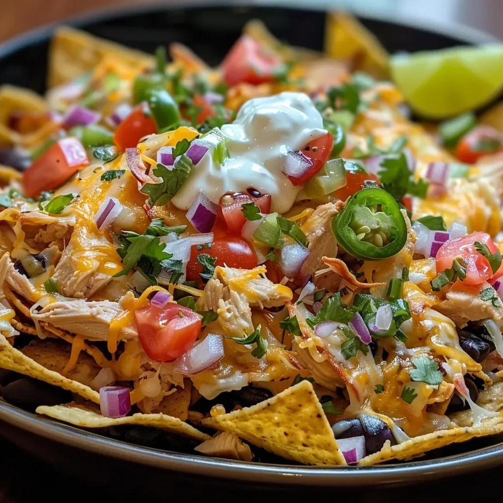 A close-up side view of loaded nachos topped with cheese, chicken, beans, and fresh vegetables.