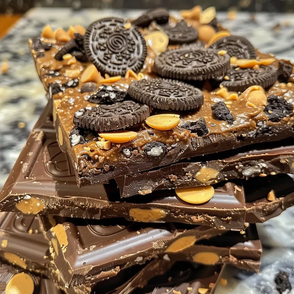 ['Close-up view of Halloween-themed chocolate bark topped with Oreo pieces and a peanut butter spread.', 'Side angle of high protein, low sugar chocolate bark featuring a Halloween design with festive toppings.', 'Detailed image of decadent chocolate bark showcasing chunks of Oreos and rich peanut butter spread.', 'Mouthwatering display of healthy Halloween chocolate bark, emphasizing its high protein and low sugar content.']