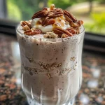 ['Close-up view of a creamy high-protein dessert topped with pecans and syrup.', 'Side view of a delicious maple pecan ice cream-like treat in a bowl.', 'Detailed shot of a smooth high-protein dessert featuring crushed pecans and a drizzle of maple syrup.', 'Luscious high-protein maple pecan blend in a bowl, showcasing its creamy texture.']