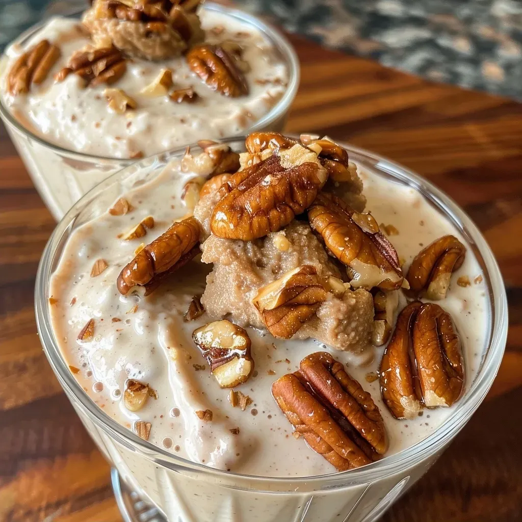 ['Close-up view of a creamy high-protein dessert topped with pecans and syrup.', 'Side view of a delicious maple pecan ice cream-like treat in a bowl.', 'Detailed shot of a smooth high-protein dessert featuring crushed pecans and a drizzle of maple syrup.', 'Luscious high-protein maple pecan blend in a bowl, showcasing its creamy texture.']