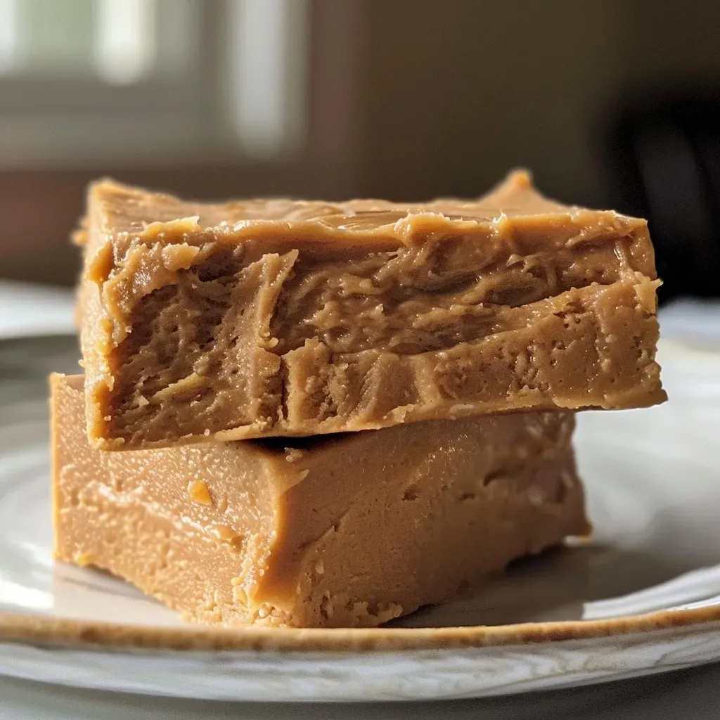 ['Close-up of creamy peanut butter fudge with a glossy texture on a wooden surface.', 'Side view of sliced high-protein peanut butter fudge showcasing its rich color and smooth consistency.', 'Juicy and thick high-protein fudge with a natural peanut butter finish, captured in bright lighting.', 'A delectable piece of peanut butter fudge with a soft bite, displayed on a rustic table.']