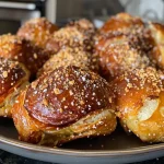 ['A close-up view of golden-brown high protein pretzel bites on a white plate.', 'Juicy high protein pretzel bites presented on a wooden table, showcasing a crispy exterior.', 'Side view of soft, chewy high protein pretzel bites with a sprinkle of salt on top.', 'An iPhone photo capturing high protein pretzel bites, highlighting their texture and color.']