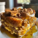 ['Close-up of High-Protein Pumpkin French Toast Casserole with golden-brown top and sausage links.', 'Side view of baked pumpkin French toast casserole, featuring a rich, creamy texture and toppings.', 'Juicy slice of pumpkin casserole on a plate, garnished with cinnamon sugar and served with sausage.', 'Rich pumpkin French toast casserole on a rustic table, highlighting the layers and ingredients.']
