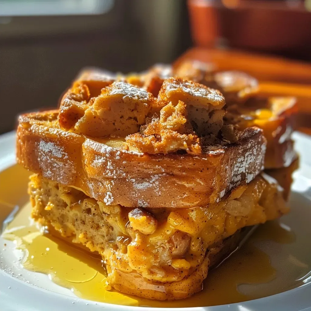 ['Close-up of High-Protein Pumpkin French Toast Casserole with golden-brown top and sausage links.', 'Side view of baked pumpkin French toast casserole, featuring a rich, creamy texture and toppings.', 'Juicy slice of pumpkin casserole on a plate, garnished with cinnamon sugar and served with sausage.', 'Rich pumpkin French toast casserole on a rustic table, highlighting the layers and ingredients.']