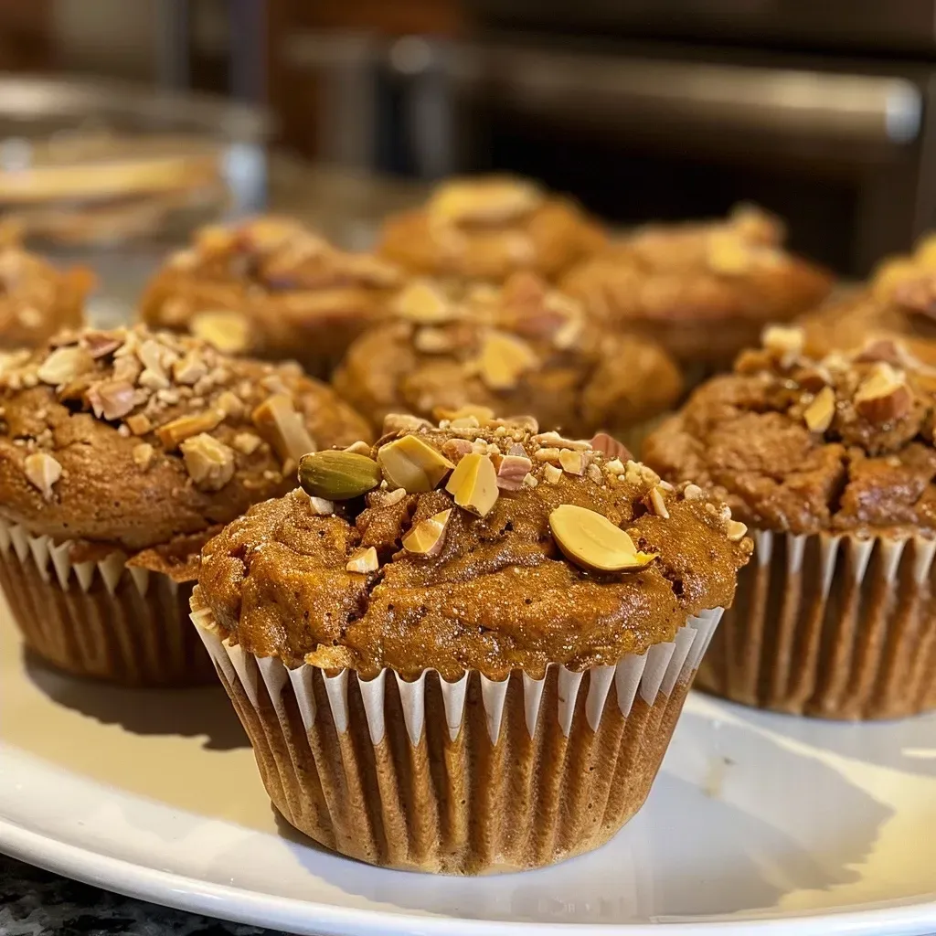 ['Close-up view of a high-protein pumpkin muffin with a cream cheese filling, topped with pumpkin seeds.', 'Side view of a freshly baked pumpkin muffin showcasing its soft texture and creamy interior.', 'Juicy high-protein pumpkin muffin sliced to reveal a rich cream cheese filling, garnished with pepitas.', 'Mouth-watering pumpkin muffin featuring a smooth cream cheese center, displayed on a rustic wooden background.']