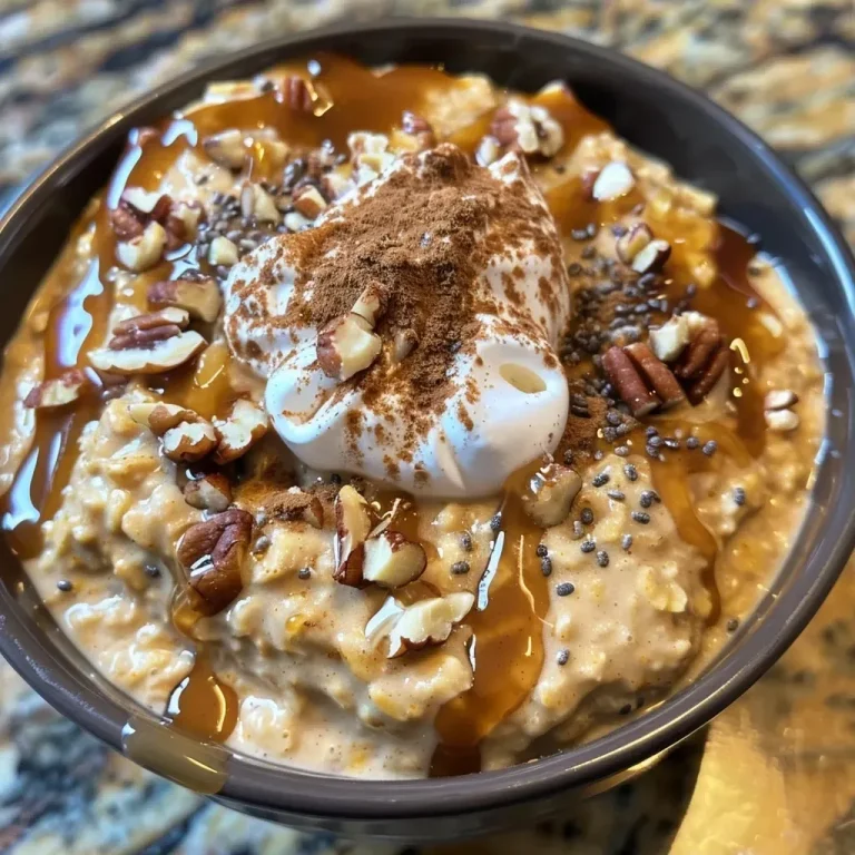 ['Close-up side view of creamy high protein pumpkin overnight oats with toppings.', 'Side view of a bowl filled with pumpkin overnight oats topped with pecans.', 'High protein pumpkin overnight oats displayed with a spoon beside them.', 'A close-up shot of overnight oats featuring pumpkin puree and chia seeds.']