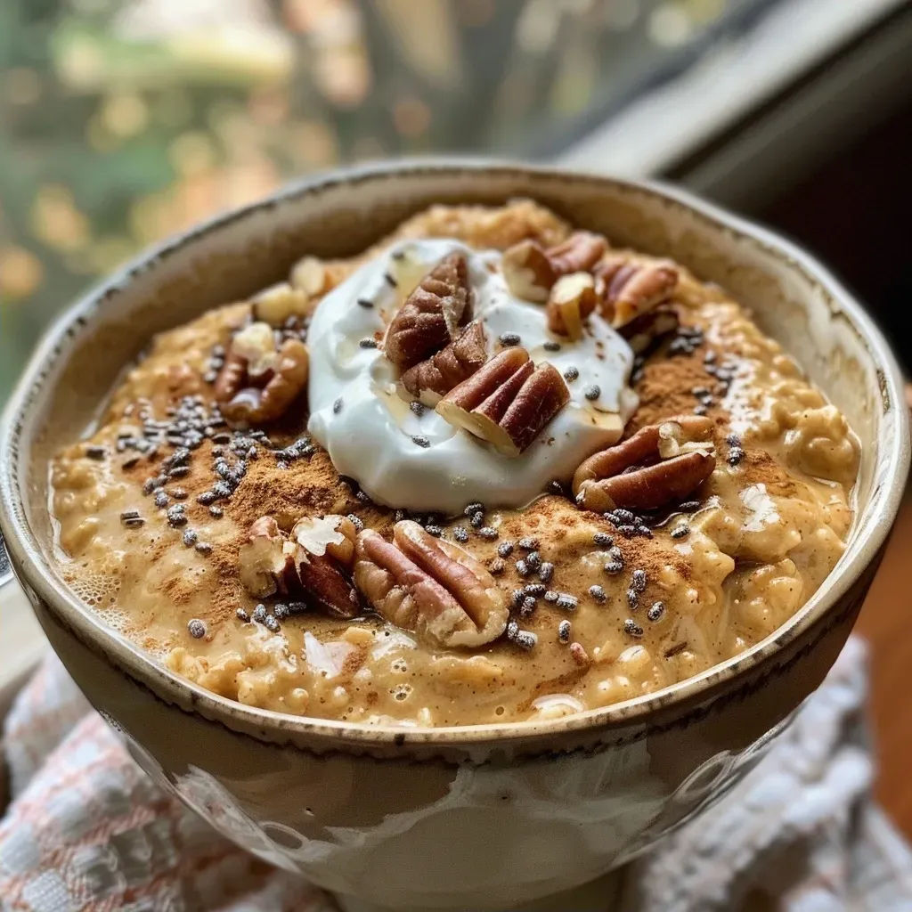 ['Close-up side view of creamy high protein pumpkin overnight oats with toppings.', 'Side view of a bowl filled with pumpkin overnight oats topped with pecans.', 'High protein pumpkin overnight oats displayed with a spoon beside them.', 'A close-up shot of overnight oats featuring pumpkin puree and chia seeds.']