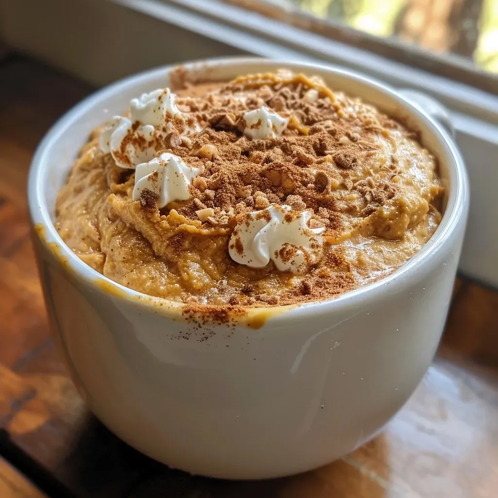 ['A close-up side view of a pumpkin spice mug cake in a white mug, topped with whipped cream and chocolate chips.', 'A vibrant pumpkin spice mug cake made with protein powder, displayed in a ceramic mug, showing its creamy texture.', 'Juicy pumpkin spice mug cake in a clear mug, garnished with nuts and a sprinkle of cinnamon, captured on a wooden table.', 'Side view of a mug filled with a fluffy pumpkin spice cake, resting on a napkin, with ingredients scattered around.']