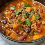['Close-up view of a steaming bowl of high-protein turkey chili with sweet potatoes, garnished with herbs.', 'Side perspective of hearty turkey chili featuring diced sweet potatoes and a colorful mix of beans in a bowl.', 'Delicious turkey chili with chunks of sweet potato and vibrant diced tomatoes, served in a rustic bowl.', 'Bowl of high-protein turkey chili showcasing tender sweet potato cubes and a rich, flavorful broth.']