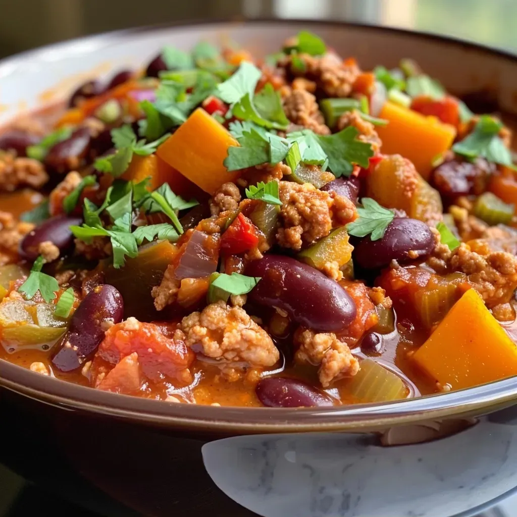 ['Close-up view of a steaming bowl of high-protein turkey chili with sweet potatoes, garnished with herbs.', 'Side perspective of hearty turkey chili featuring diced sweet potatoes and a colorful mix of beans in a bowl.', 'Delicious turkey chili with chunks of sweet potato and vibrant diced tomatoes, served in a rustic bowl.', 'Bowl of high-protein turkey chili showcasing tender sweet potato cubes and a rich, flavorful broth.']
