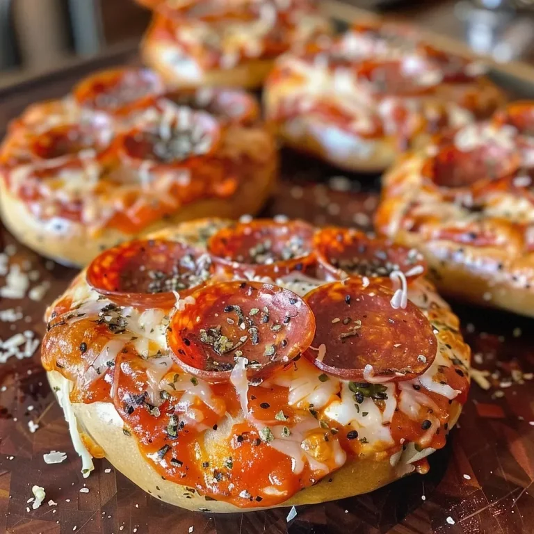 ['Close-up view of a sliced pizza bagel topped with pepperoni and melted cheese.', 'Side view of flavorful homemade pizza bagels with marinara sauce and herbs.', 'Juicy homemade pizza bagels with a golden-brown crust and toppings.', 'Appetizing photo of bagels loaded with cheese, pepperoni, and garnished with parsley.']