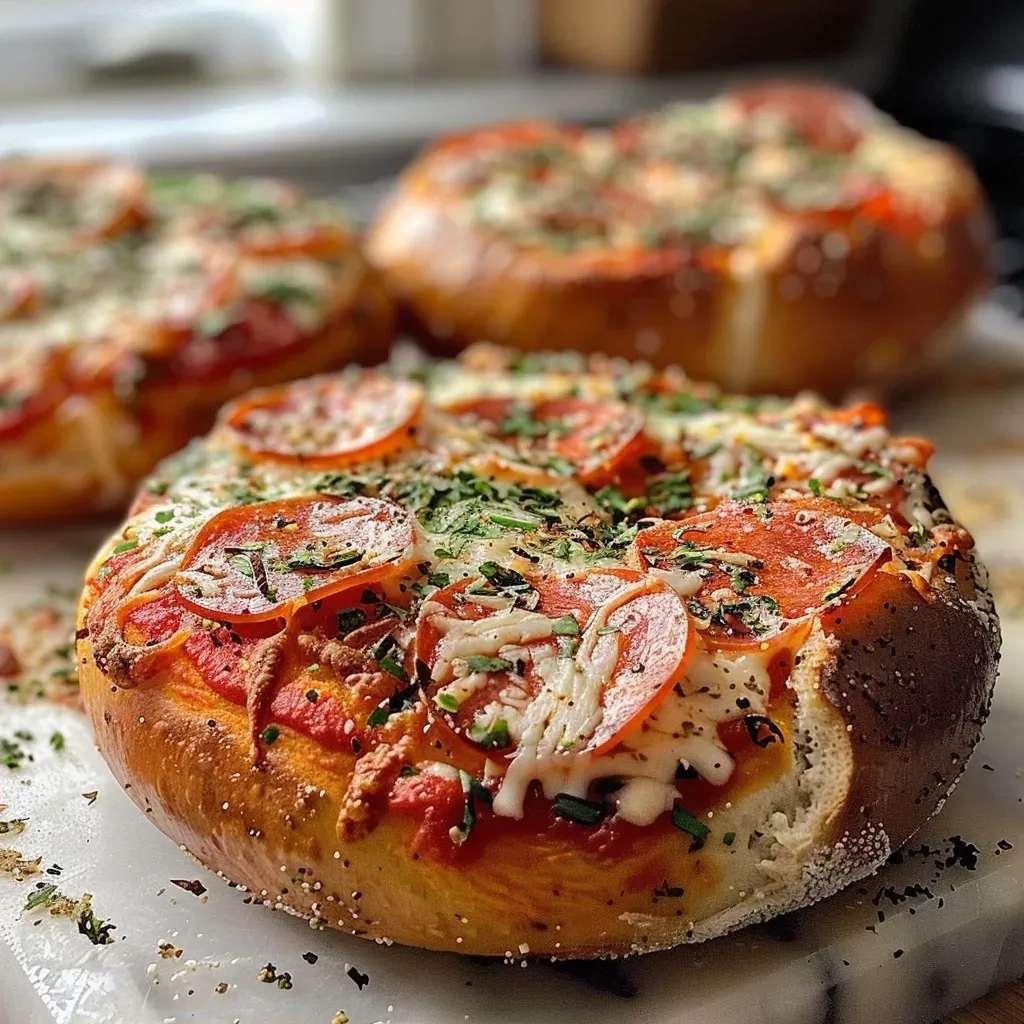 ['Close-up view of a sliced pizza bagel topped with pepperoni and melted cheese.', 'Side view of flavorful homemade pizza bagels with marinara sauce and herbs.', 'Juicy homemade pizza bagels with a golden-brown crust and toppings.', 'Appetizing photo of bagels loaded with cheese, pepperoni, and garnished with parsley.']