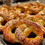 ['Close-up of a golden-brown homemade pretzel with a shiny crust.', 'A side view of a freshly baked pretzel, showcasing its twisted shape and sprinkle of salt.', 'Detailed image of a fluffy homemade pretzel highlighting its texture and color.', 'Close-up shot of a pretzel with a glossy finish and coarse salt on top.']