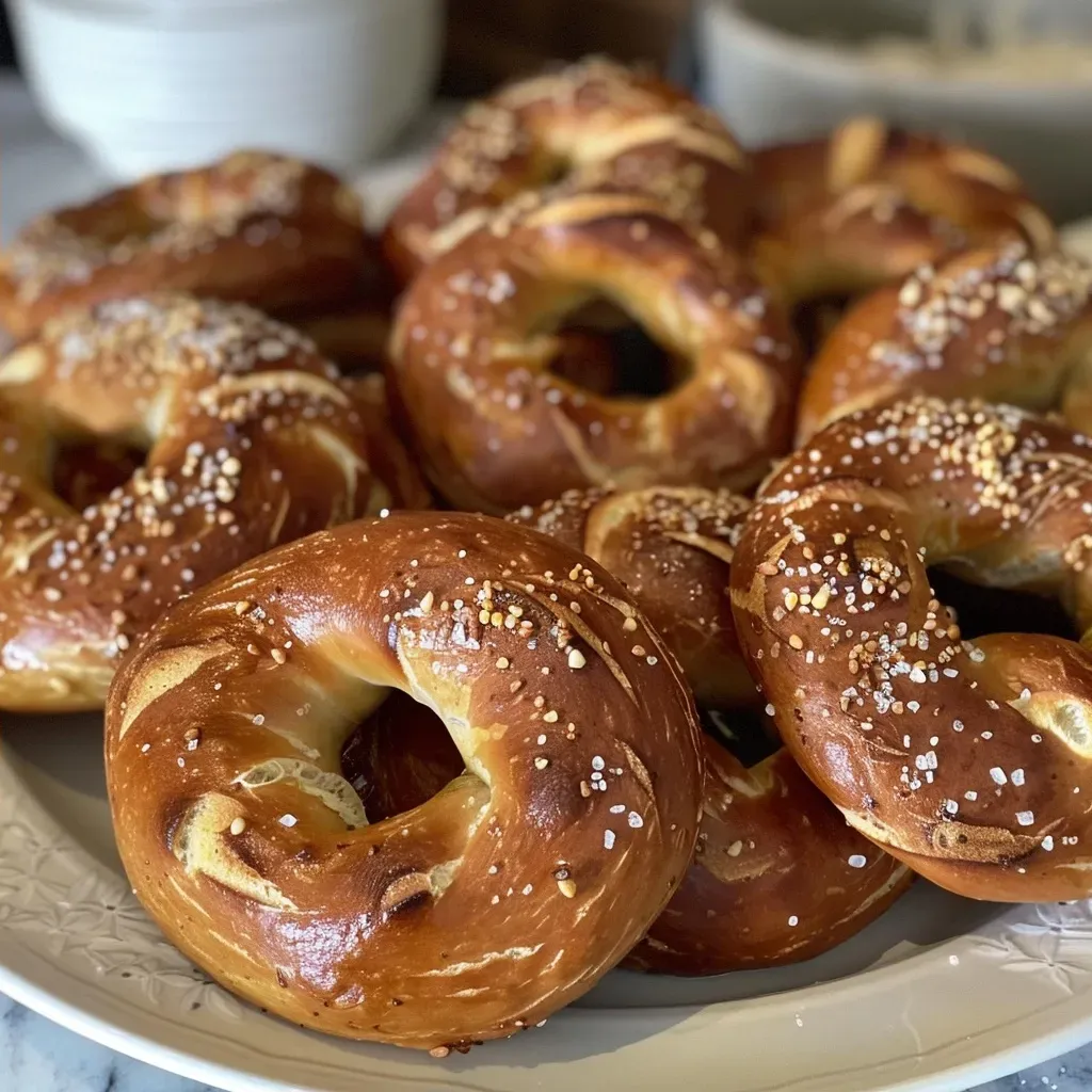 ['Close-up of a golden-brown homemade pretzel with a shiny crust.', 'A side view of a freshly baked pretzel, showcasing its twisted shape and sprinkle of salt.', 'Detailed image of a fluffy homemade pretzel highlighting its texture and color.', 'Close-up shot of a pretzel with a glossy finish and coarse salt on top.']