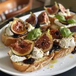 ['Close-up of Honey Balsamic Fig and Burrata Crostini on a rustic wooden board.', 'Side view of a crostini topped with burrata, figs, honey, and balsamic glaze.', 'Appetizing Honey Balsamic Fig and Burrata Crostini with basil on crusty bread.', 'Gourmet crostini featuring figs and creamy burrata drizzled with honey.']