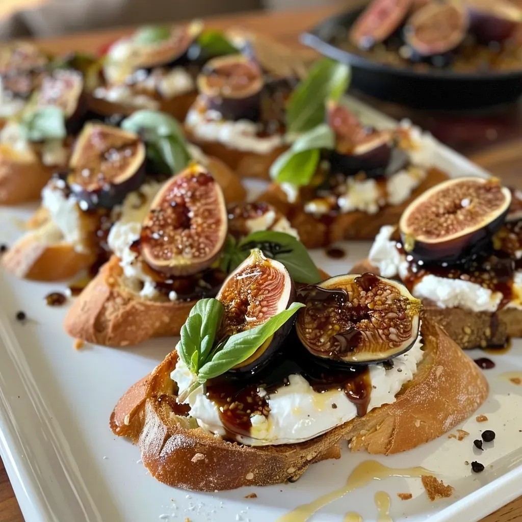 ['Close-up of Honey Balsamic Fig and Burrata Crostini on a rustic wooden board.', 'Side view of a crostini topped with burrata, figs, honey, and balsamic glaze.', 'Appetizing Honey Balsamic Fig and Burrata Crostini with basil on crusty bread.', 'Gourmet crostini featuring figs and creamy burrata drizzled with honey.']
