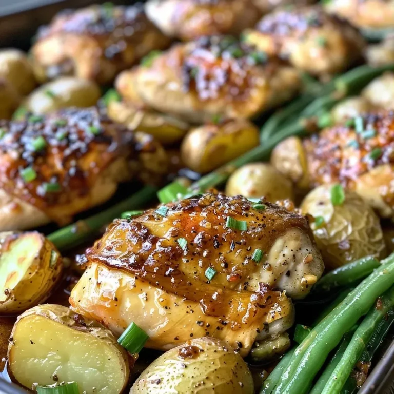 ['Juicy honey mustard chicken breasts surrounded by colorful baby potatoes and green beans on a sheet pan.', 'Close-up view of a sheet pan dinner featuring golden-brown chicken, vibrant green beans, and halved potatoes.', 'Side angle of a delicious honey mustard chicken dish with roasted potatoes and fresh green beans on a baking tray.', 'Succulent honey mustard chicken with a medley of baby potatoes and green beans, captured from the side.']