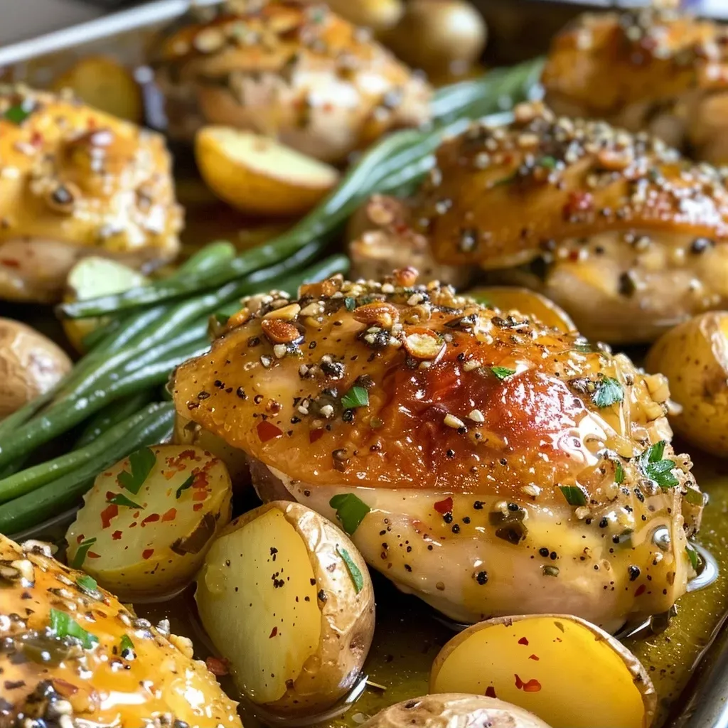 ['Juicy honey mustard chicken breasts surrounded by colorful baby potatoes and green beans on a sheet pan.', 'Close-up view of a sheet pan dinner featuring golden-brown chicken, vibrant green beans, and halved potatoes.', 'Side angle of a delicious honey mustard chicken dish with roasted potatoes and fresh green beans on a baking tray.', 'Succulent honey mustard chicken with a medley of baby potatoes and green beans, captured from the side.']