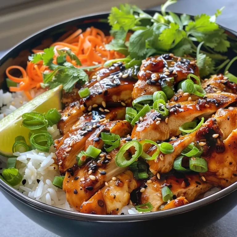 ['A close-up of a hot maple chicken bowl with rice and sauce.', 'Juicy pieces of chicken in a maple chili sauce on a bed of rice.', 'A side view of a delicious chicken bowl garnished with cilantro and lime.', 'Bowl filled with chicken, rice, and vibrant toppings, showcasing its freshness.']