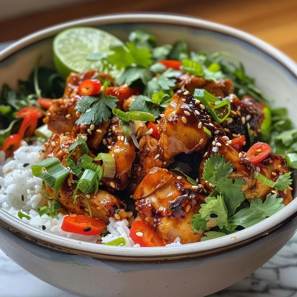 ['A close-up of a hot maple chicken bowl with rice and sauce.', 'Juicy pieces of chicken in a maple chili sauce on a bed of rice.', 'A side view of a delicious chicken bowl garnished with cilantro and lime.', 'Bowl filled with chicken, rice, and vibrant toppings, showcasing its freshness.']