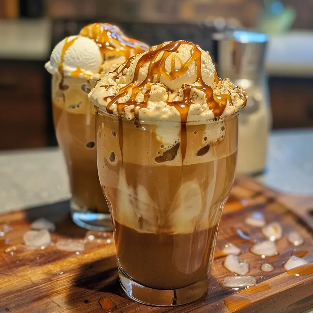 ['Close-up of a refreshing iced caramel coffee punch with a drizzle of caramel on top and scoops of vanilla ice cream.', 'Side view of a glass filled with iced caramel coffee punch, topped with caramel syrup and ice cream.', 'A decadent iced caramel coffee punch showcasing a creamy texture with caramel drizzles and vanilla ice cream.', 'Iced caramel coffee punch in a clear glass, emphasizing the layers of coffee, milk, and caramel syrup.']