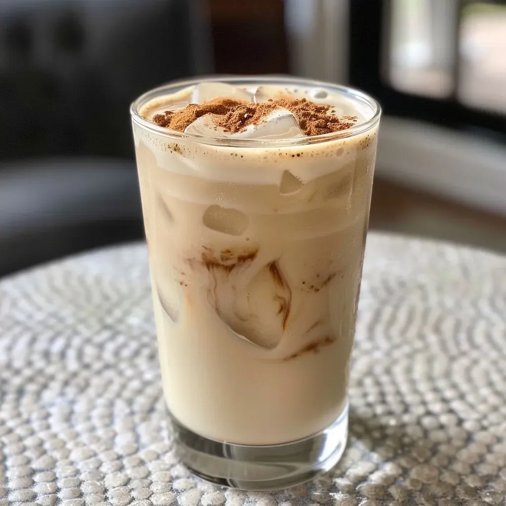 ['A refreshing iced chai latte in a clear glass with ice cubes and a sprinkle of spices.', 'Close-up of a delicious iced chai latte topped with a dusting of chai spice.', 'A side view of an iced chai latte with visible layers of milk and chai concentrate.', 'Iced chai latte served in a glass with ice, showcasing its creamy texture and spices.']
