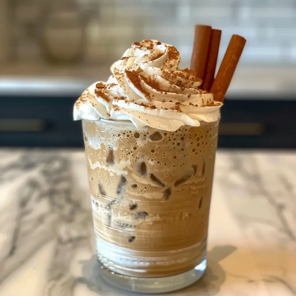 Close-up view of a delicious iced cinnamon dolce latte in a glass with whipped cream.