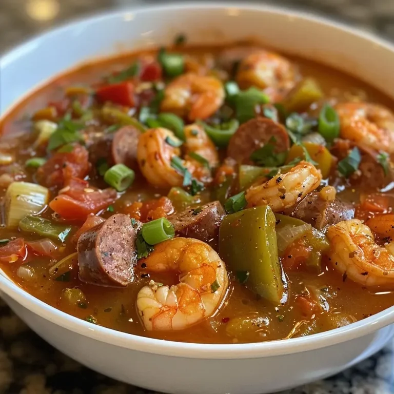 ['Close-up of a bowl of Instant Pot Gumbo with visible shrimp and sausage.', 'Side view of a steaming bowl of gumbo featuring diced vegetables and spices.', 'Delicious Instant Pot Gumbo garnished with fresh ingredients and served in a bowl.', 'Rich and hearty Instant Pot Gumbo showcasing shrimp and Andouille sausage in broth.']