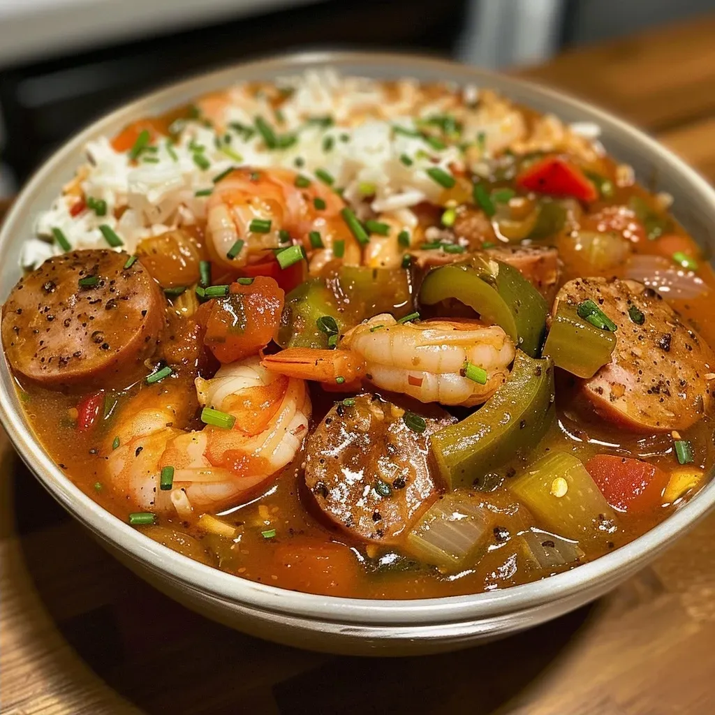 ['Close-up of a bowl of Instant Pot Gumbo with visible shrimp and sausage.', 'Side view of a steaming bowl of gumbo featuring diced vegetables and spices.', 'Delicious Instant Pot Gumbo garnished with fresh ingredients and served in a bowl.', 'Rich and hearty Instant Pot Gumbo showcasing shrimp and Andouille sausage in broth.']