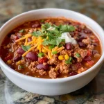 ['Close-up view of a hearty bowl of turkey chili with visible beans and corn.', 'Side view of Instant Pot Turkey Chili showcasing its rich ingredients and texture.', 'Appetizing turkey chili in a bowl, highlighting colorful vegetables and spices.', 'Detailed look at a serving of turkey chili, featuring beans, tomatoes, and garnishes.']