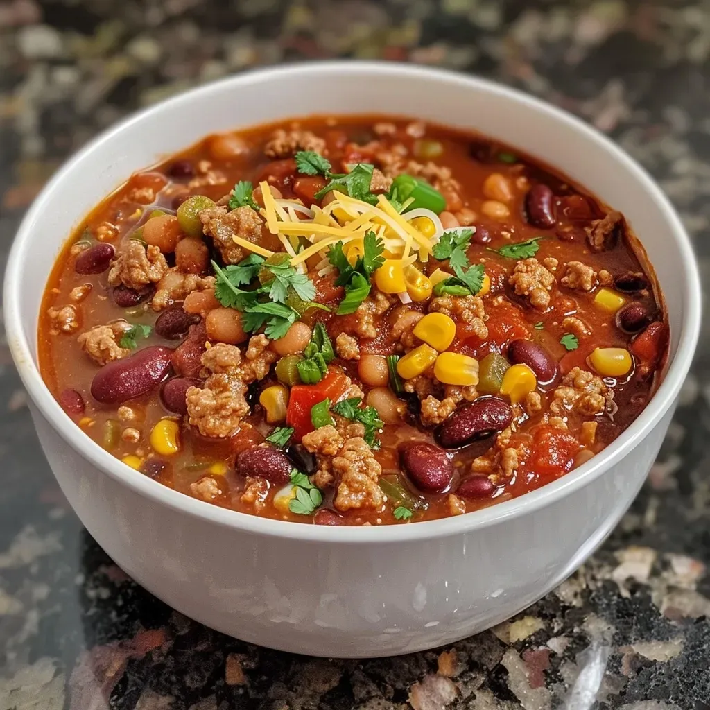 ['Close-up view of a hearty bowl of turkey chili with visible beans and corn.', 'Side view of Instant Pot Turkey Chili showcasing its rich ingredients and texture.', 'Appetizing turkey chili in a bowl, highlighting colorful vegetables and spices.', 'Detailed look at a serving of turkey chili, featuring beans, tomatoes, and garnishes.']