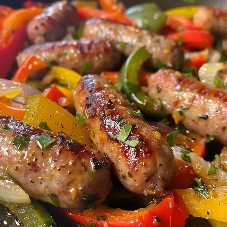 ['Close-up of juicy Italian sausage with colorful bell peppers and onions.', 'Side view of Italian sausage dish featuring red, yellow, and green peppers.', 'Juicy Italian sausage surrounded by sautéed onions and vibrant bell peppers.', 'Tasty Italian sausage and peppers arranged on a plate with a glossy finish.']