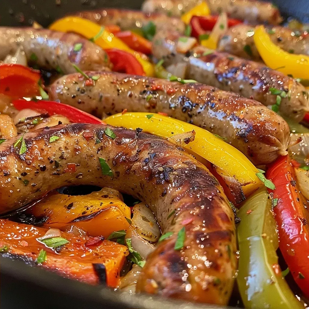 ['Close-up of juicy Italian sausage with colorful bell peppers and onions.', 'Side view of Italian sausage dish featuring red, yellow, and green peppers.', 'Juicy Italian sausage surrounded by sautéed onions and vibrant bell peppers.', 'Tasty Italian sausage and peppers arranged on a plate with a glossy finish.']