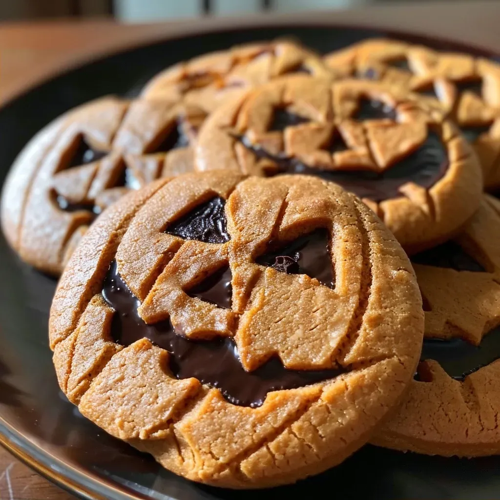 ['Close-up of a milk chocolate stuffed Jack-O-Lantern cookie with a smiling face.', 'Side view of a freshly baked Jack-O-Lantern cookie filled with melted chocolate.', 'Detailed shot of a spooky cookie shaped like a pumpkin, showcasing its gooey chocolate center.', 'Jack-O-Lantern cookie with decorative icing, revealing delicious chocolate filling.']