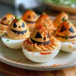["Close-up view of Jack-o'-Lantern Deviled Eggs, carved for Halloween.", "Artistic presentation of Jack-o'-Lantern Deviled Eggs with a spooky design.", 'Side view of creatively decorated Halloween-themed deviled eggs.', "Halloween-inspired deviled eggs shaped like Jack-o'-Lanterns."]
