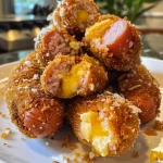 ['Close-up view of Keto Corn Dog Bites, showcasing their golden-brown crust and juicy filling.', 'Side view of delicious Keto Corn Dog Bites, emphasizing their crispy exterior and hot dog pieces.', 'Detailed close-up of Keto Corn Dog Bites, highlighting the texture and ingredients including cheese and hot dogs.', 'Mouth-watering shot of Keto Corn Dog Bites, with a focus on their appetizing shape and coloring.']
