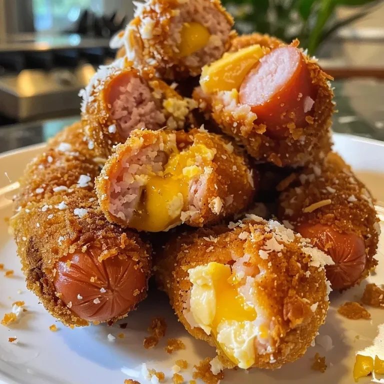 ['Close-up view of Keto Corn Dog Bites, showcasing their golden-brown crust and juicy filling.', 'Side view of delicious Keto Corn Dog Bites, emphasizing their crispy exterior and hot dog pieces.', 'Detailed close-up of Keto Corn Dog Bites, highlighting the texture and ingredients including cheese and hot dogs.', 'Mouth-watering shot of Keto Corn Dog Bites, with a focus on their appetizing shape and coloring.']