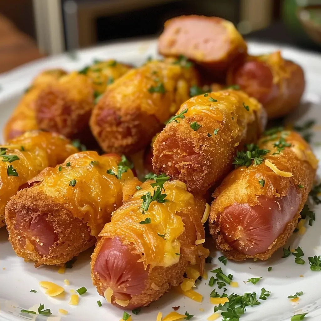 ['Close-up view of Keto Corn Dog Bites, showcasing their golden-brown crust and juicy filling.', 'Side view of delicious Keto Corn Dog Bites, emphasizing their crispy exterior and hot dog pieces.', 'Detailed close-up of Keto Corn Dog Bites, highlighting the texture and ingredients including cheese and hot dogs.', 'Mouth-watering shot of Keto Corn Dog Bites, with a focus on their appetizing shape and coloring.']