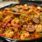 ['A close-up view of a vibrant Keto Jambalaya dish featuring shrimp, Andouille sausage, and colorful vegetables.', 'Juicy Keto Jambalaya displayed in a bowl, highlighting shrimp, sausage, and mixed bell peppers.', 'A side view of a mouthwatering Keto Jambalaya with visible ingredients like cauliflower rice and diced tomatoes.', 'Close-up of a hearty Keto Jambalaya, showcasing shrimp, sausage, and a medley of fresh vegetables.']