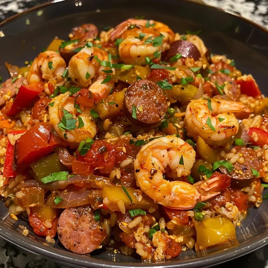 ['A close-up view of a vibrant Keto Jambalaya dish featuring shrimp, Andouille sausage, and colorful vegetables.', 'Juicy Keto Jambalaya displayed in a bowl, highlighting shrimp, sausage, and mixed bell peppers.', 'A side view of a mouthwatering Keto Jambalaya with visible ingredients like cauliflower rice and diced tomatoes.', 'Close-up of a hearty Keto Jambalaya, showcasing shrimp, sausage, and a medley of fresh vegetables.']
