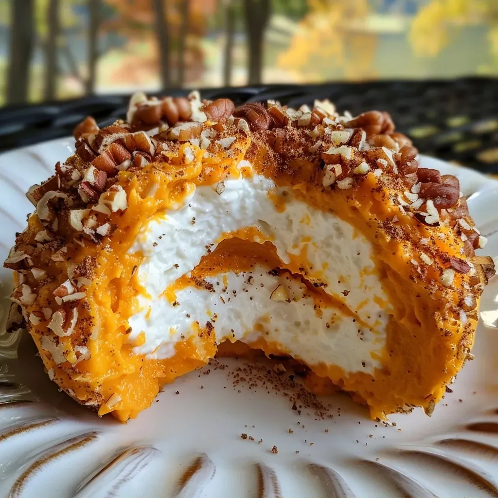 ['Close-up of a Keto Pumpkin Cheese Ball with a golden-brown exterior and chopped nuts on top.', 'Side view of a creamy orange Keto Pumpkin Cheese Ball surrounded by whole pecans and walnuts.', 'Juicy Keto Pumpkin Cheese Ball with a smooth texture and spices visible, placed on a wooden board.', 'Textured Keto Pumpkin Cheese Ball garnished with chopped nuts, presented on a rustic plate.']