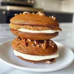 ['Close-up view of a Keto Pumpkin Whoopie Pie with creamy filling.', 'Side view of a delicious Keto Pumpkin Whoopie Pie showcasing its texture.', 'Juicy Keto Pumpkin Whoopie Pie cut in half, revealing the cream cheese filling.', 'Detailed shot of a Keto Pumpkin Whoopie Pie with visible spices and ingredients.']