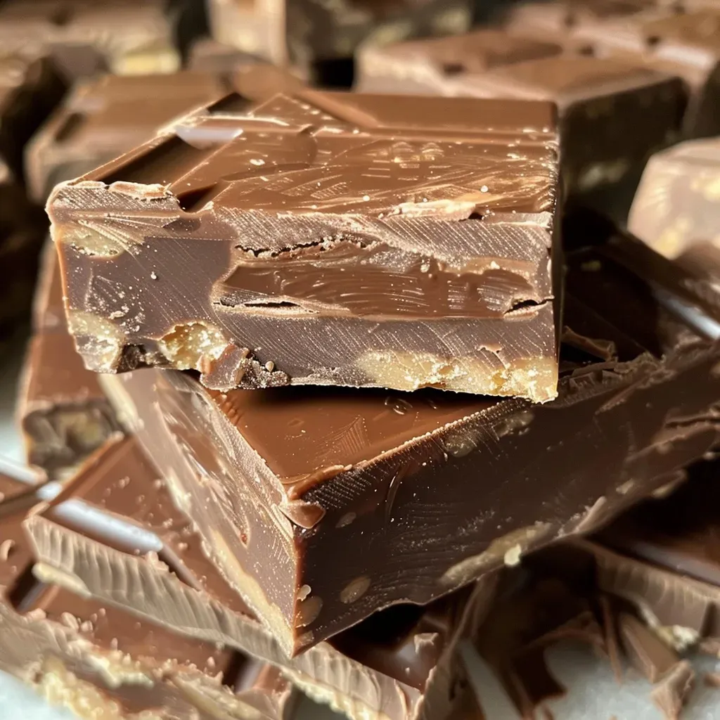 ['Close-up of a juicy Kit Kat Fudge dessert showcasing chocolate layers.', 'Side view of a delicious Kit Kat Fudge with visible chunks of Kit Kat bars.', 'Rich, melted chocolate fudge with Kit Kat pieces highlighted.', 'Detailed view of indulgent Kit Kat Fudge featuring creamy chocolate texture.']