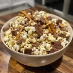 ['Close-up of Kit Kat Pretzel Gourmet Popcorn with melted chocolate and pretzel pieces.', 'Side view of a bowl filled with Kit Kat Pretzel Gourmet Popcorn, showcasing chocolate and pretzel textures.', 'Detailed look at Kit Kat Pretzel Gourmet Popcorn, with visible chocolate coating and chopped pretzels.', 'Close-up image of Kit Kat Pretzel Gourmet Popcorn highlighting the mix of chocolate and candy.']
