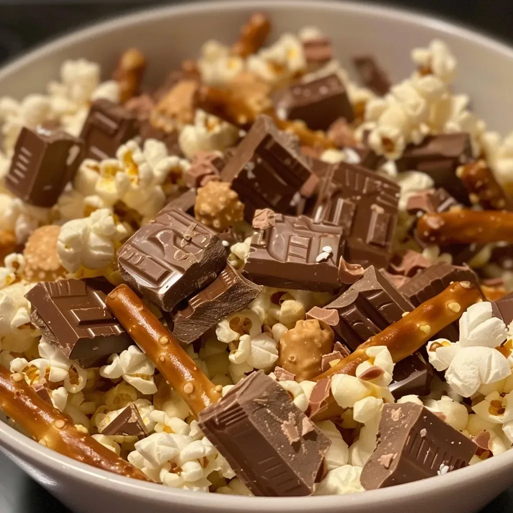 ['Close-up of Kit Kat Pretzel Gourmet Popcorn with melted chocolate and pretzel pieces.', 'Side view of a bowl filled with Kit Kat Pretzel Gourmet Popcorn, showcasing chocolate and pretzel textures.', 'Detailed look at Kit Kat Pretzel Gourmet Popcorn, with visible chocolate coating and chopped pretzels.', 'Close-up image of Kit Kat Pretzel Gourmet Popcorn highlighting the mix of chocolate and candy.']