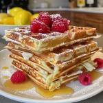['Close-up view of Lemon Waffle Sandwiches filled with turkey, cheese, and raspberries.', 'Side view of a delicious sandwich made with lemon waffles, turkey, and raspberry spread.', 'Juicy Lemon Waffle Sandwich showcasing layers of turkey, provolone cheese, and fruit.', 'Detailed image of a lemony waffle sandwich featuring maple turkey and fresh raspberry.']