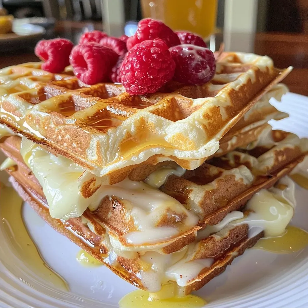 ['Close-up view of Lemon Waffle Sandwiches filled with turkey, cheese, and raspberries.', 'Side view of a delicious sandwich made with lemon waffles, turkey, and raspberry spread.', 'Juicy Lemon Waffle Sandwich showcasing layers of turkey, provolone cheese, and fruit.', 'Detailed image of a lemony waffle sandwich featuring maple turkey and fresh raspberry.']