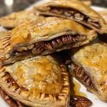 ['Close-up view of freshly baked Maple and Brown Sugar Pecan Hand Pies with glossy glaze.', 'Side view showcasing the flaky crust and shiny pecan topping of hand pies.', 'Juicy Maple and Brown Sugar Pecan Hand Pies arranged on a plate, highlighting their golden crust.', 'Delicious hand pies with a sprinkle of powdered sugar and a drizzle of maple syrup.']