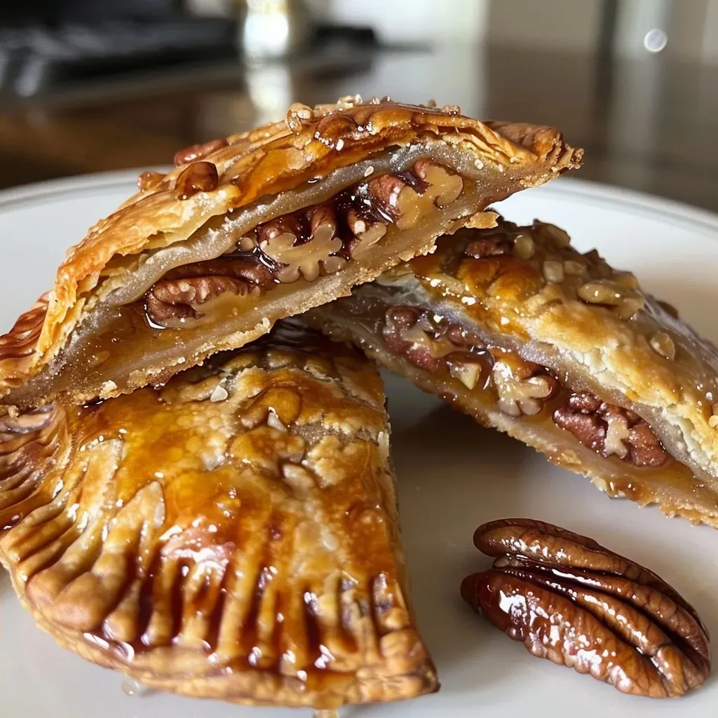 ['Close-up view of freshly baked Maple and Brown Sugar Pecan Hand Pies with glossy glaze.', 'Side view showcasing the flaky crust and shiny pecan topping of hand pies.', 'Juicy Maple and Brown Sugar Pecan Hand Pies arranged on a plate, highlighting their golden crust.', 'Delicious hand pies with a sprinkle of powdered sugar and a drizzle of maple syrup.']